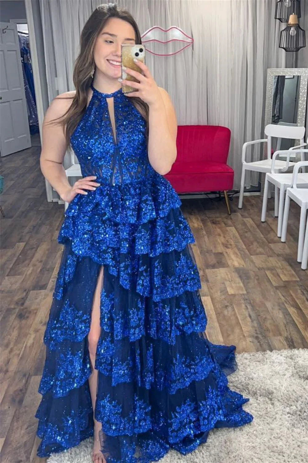 Gorgeous A Line Halter Neck Tiered Corset Lace Royal Blue Prom Dress