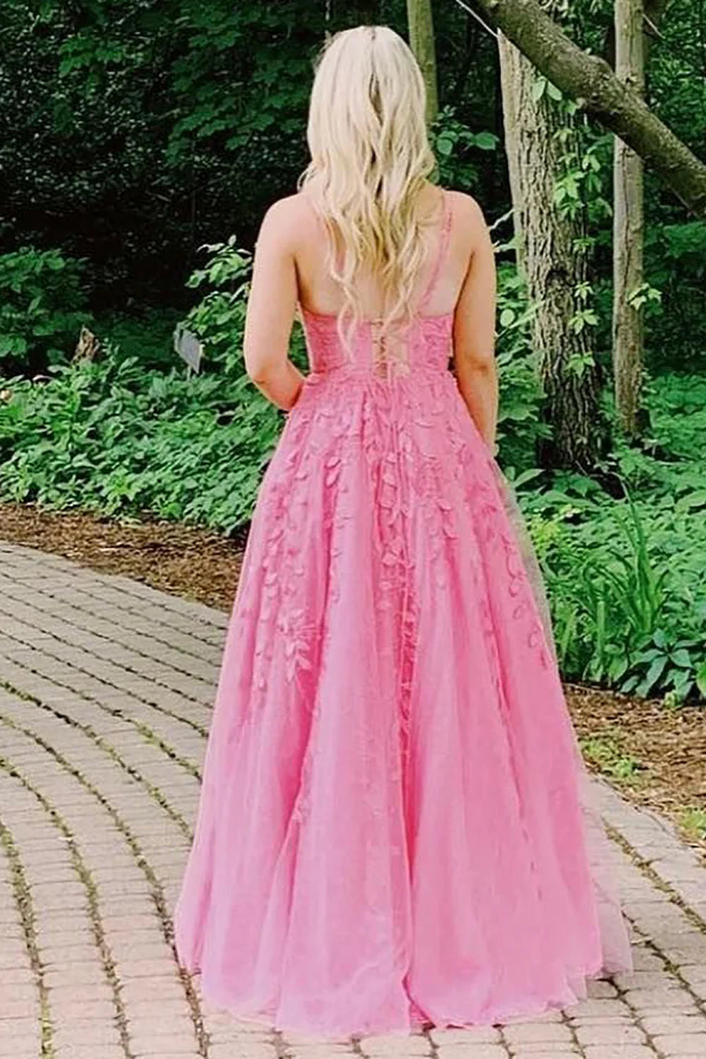 Gorgeous A Line Spaghetti Straps Appliques Pink Floor Length Prom Dress