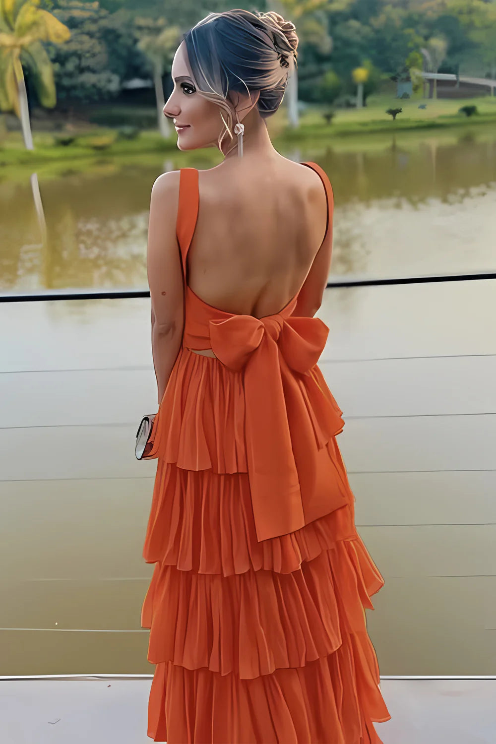 Gorgeous A Line Square Neck Ruffles Tiered Orange Long Prom Dress