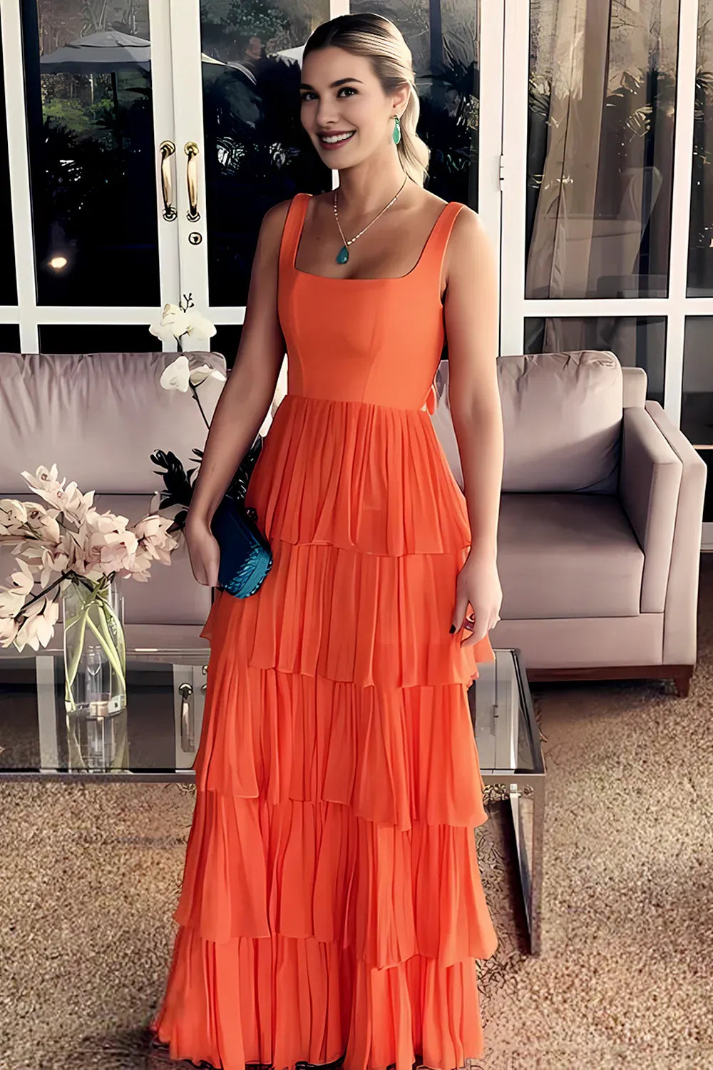 Gorgeous A Line Square Neck Ruffles Tiered Orange Long Prom Dress