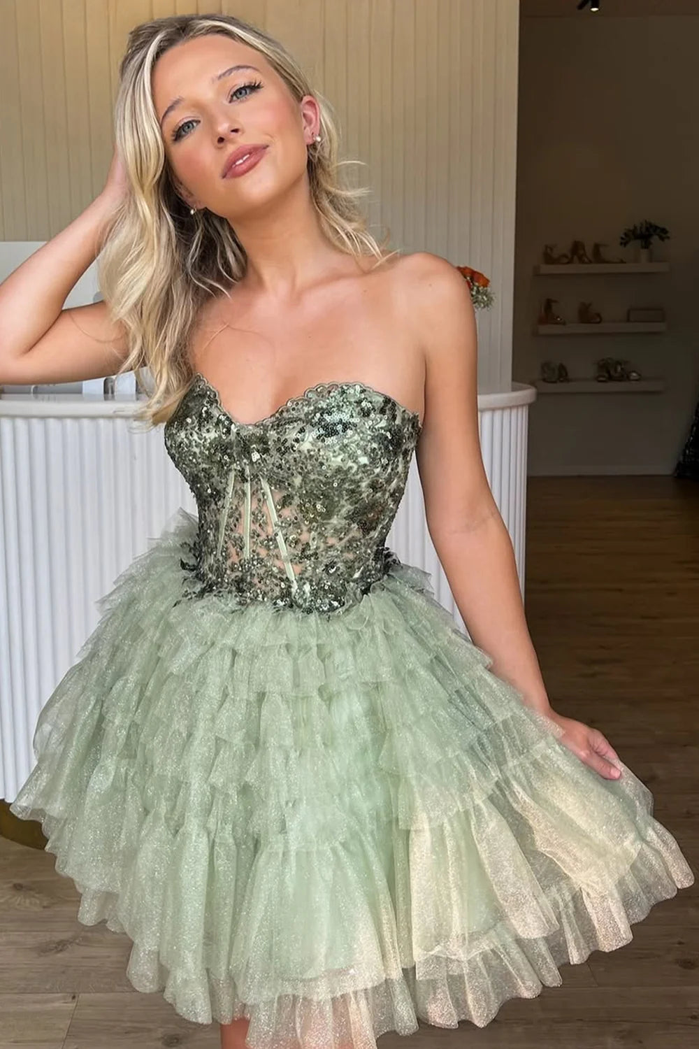 Gorgeous A Line Sweetheart Corset Sequins Tulle Mint Green Homecoming Dress