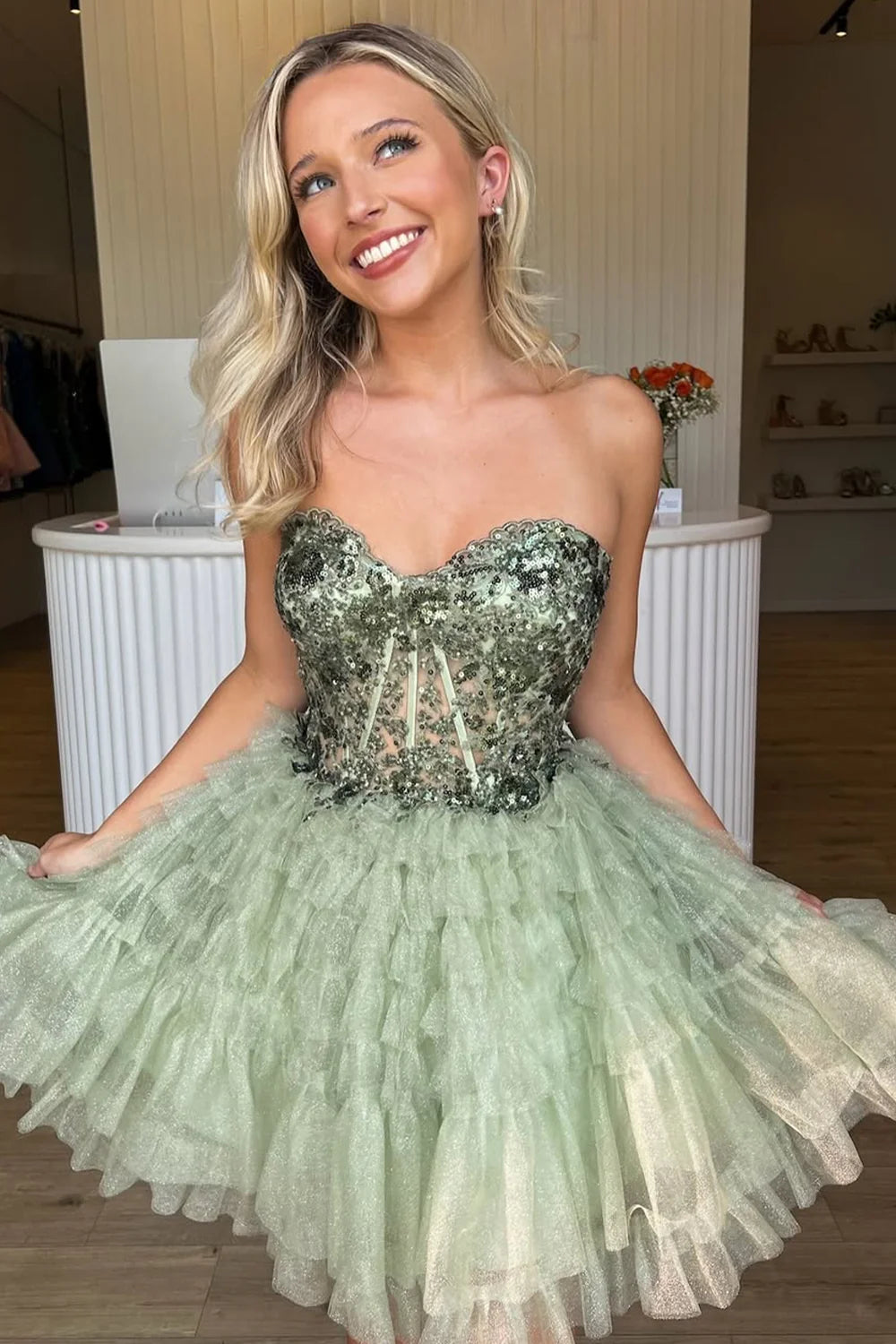 Gorgeous A Line Sweetheart Corset Sequins Tulle Mint Green Homecoming Dress