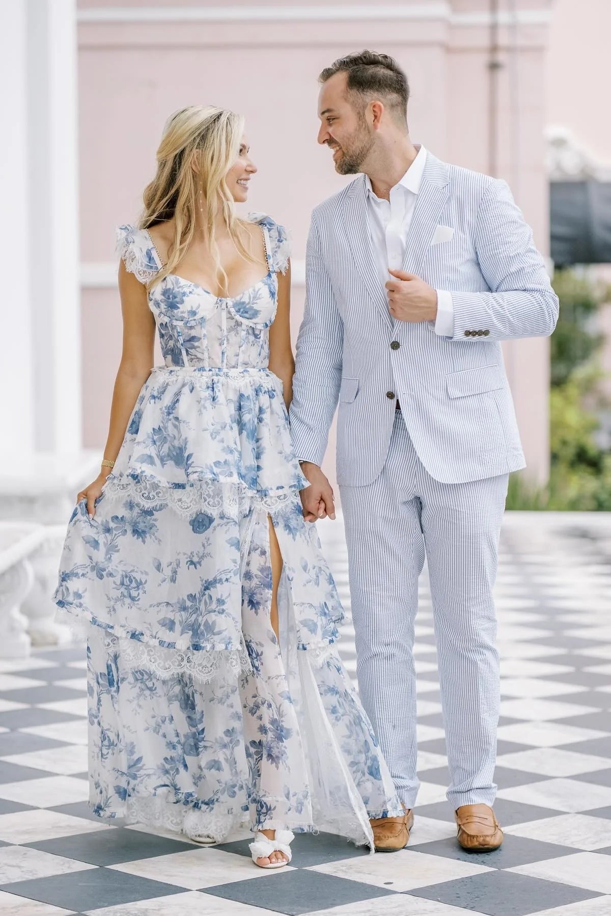 Gorgeous A Line Sweetheart Floral Printed Blue Long Prom Dress With Split