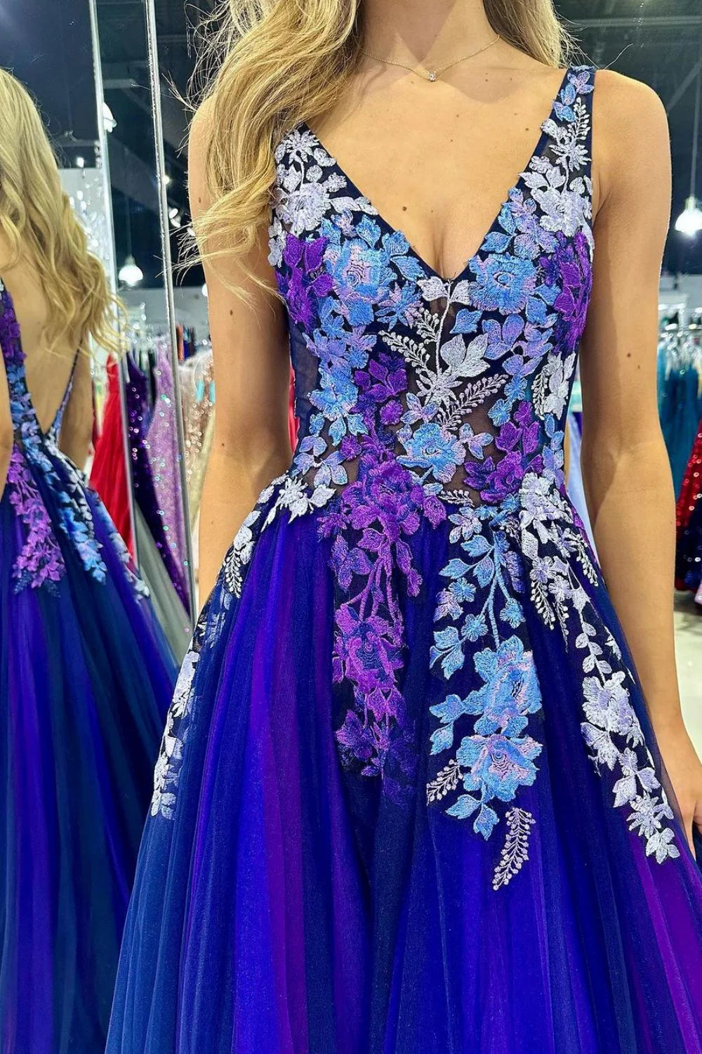 Gorgeous A Line V Neck Appliques Open Back Tulle Purple Prom Dress