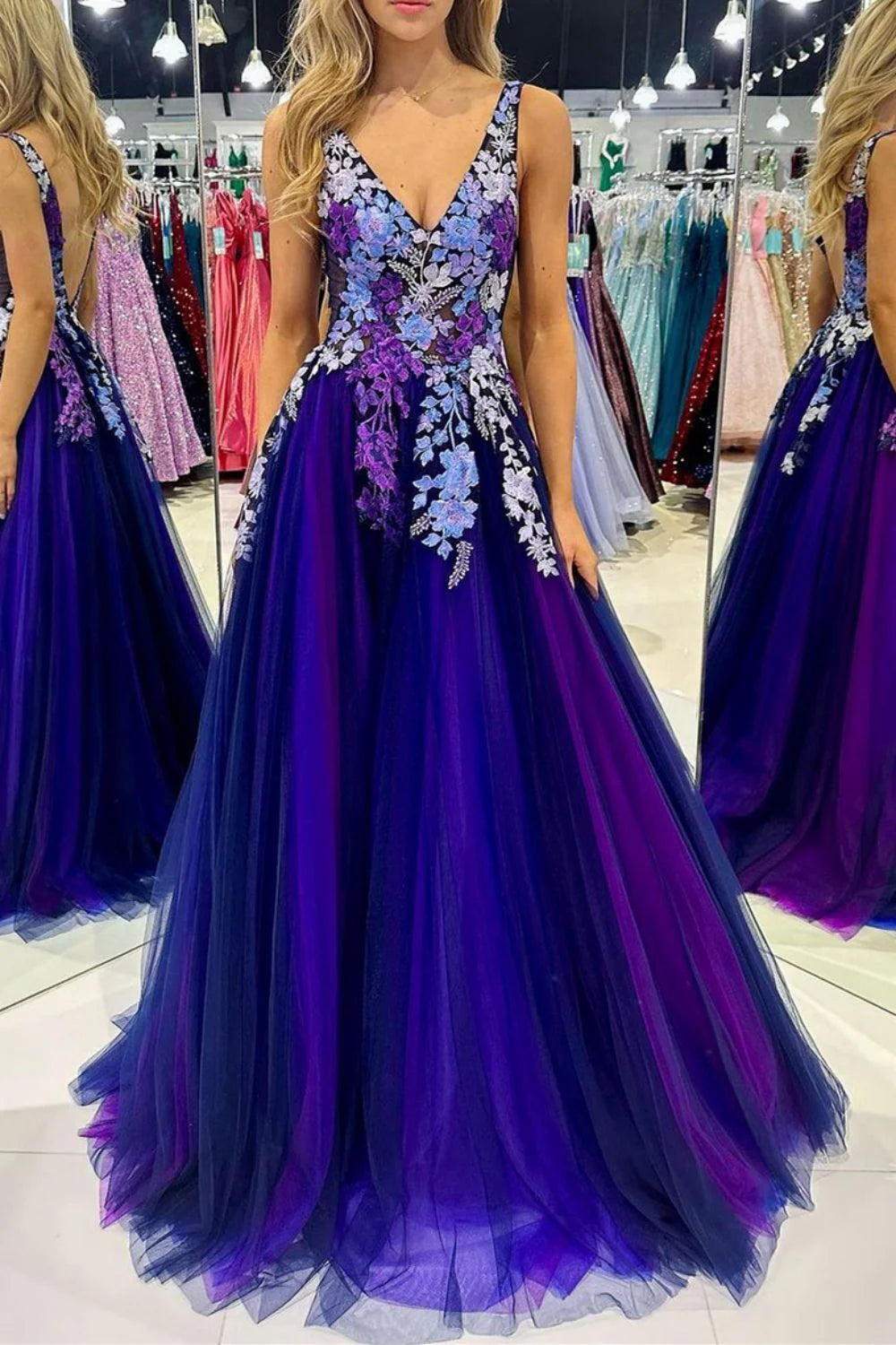 Gorgeous A Line V Neck Appliques Open Back Tulle Purple Prom Dress