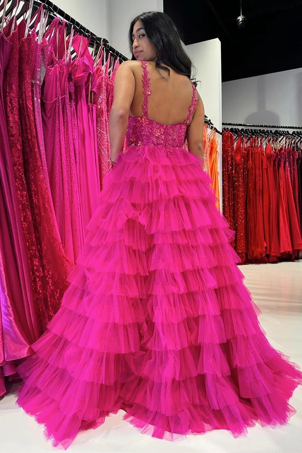 Gorgeous A Line V Neck Appliques Tiered Tulle Fuchsia Prom Dress