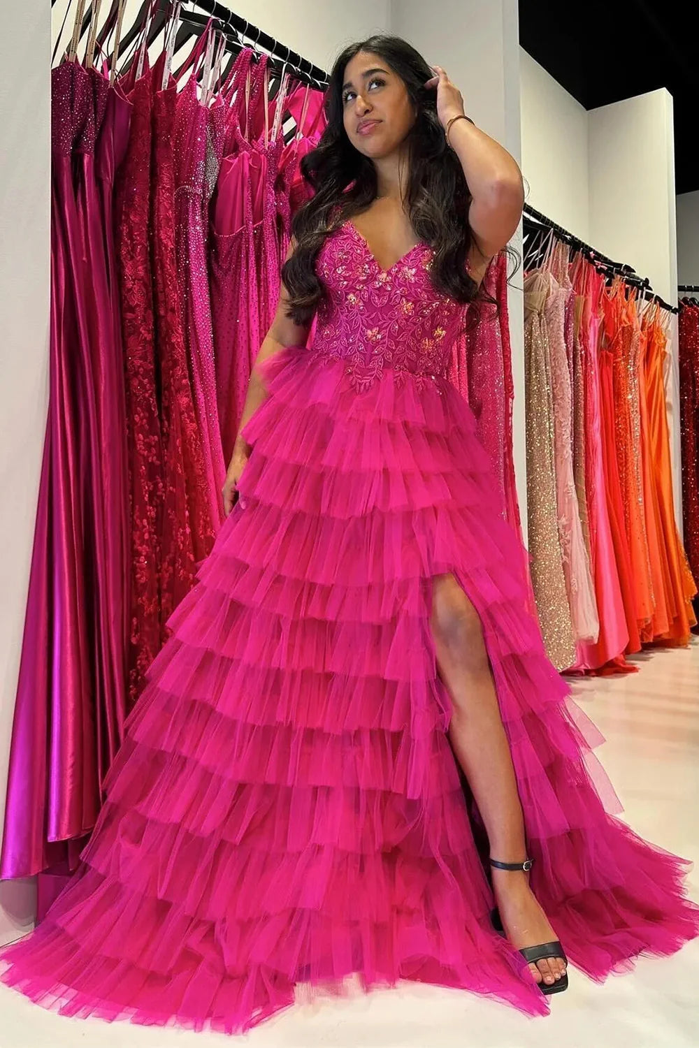 Gorgeous A Line V Neck Appliques Tiered Tulle Fuchsia Prom Dress