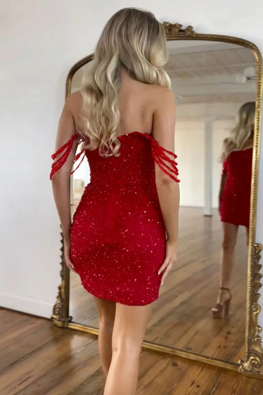 Gorgeous Bodycon Off The Shoulder Beaded Sequin Red Short Homecoming Dress