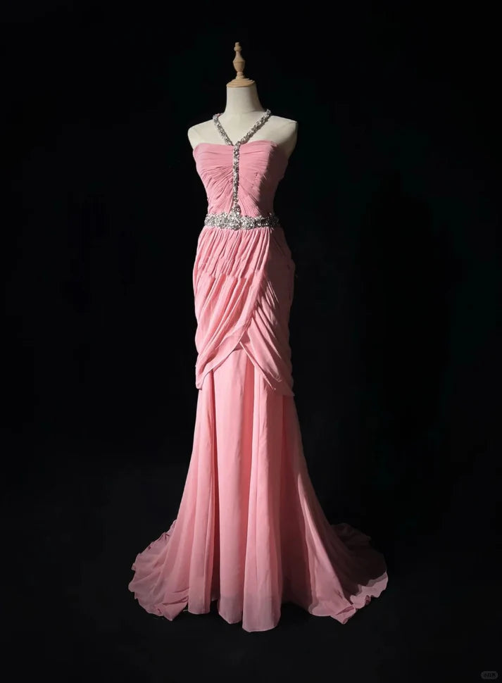 Gorgeous Mermaid Halter Rhinestones Chiffon Pink Long Party Dress For Women
