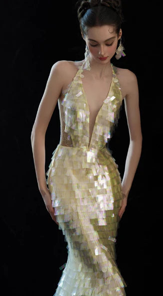 Gorgeous Mermaid Deep V Neck Sequin Yellow Evening Dress Prom Dress