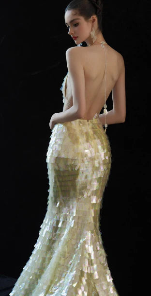 Gorgeous Mermaid Deep V Neck Sequin Yellow Evening Dress Prom Dress