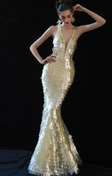 Gorgeous Mermaid Deep V Neck Sequin Yellow Evening Dress Prom Dress