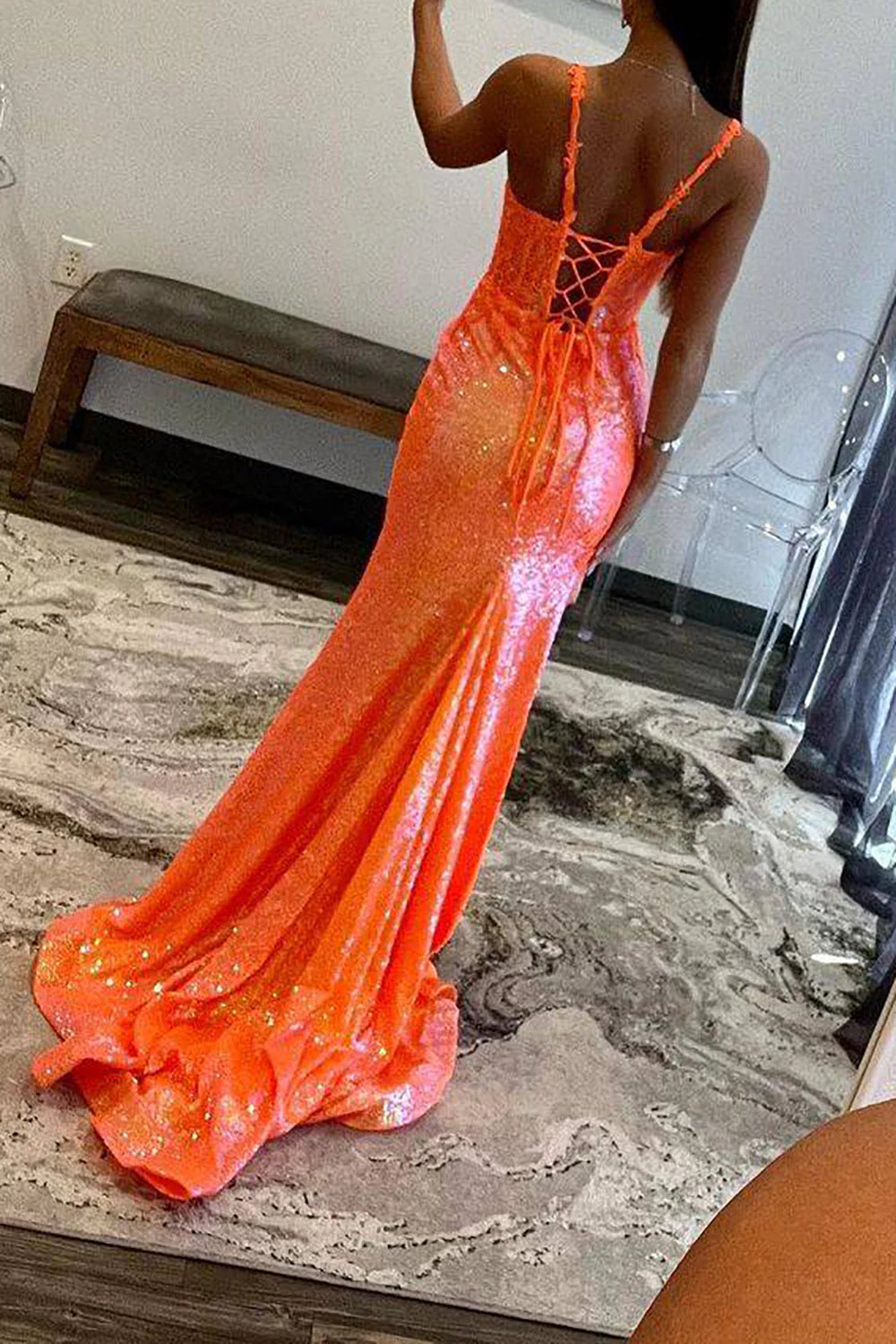 Gorgeous Mermaid Spaghetti Straps Appliques Sequins Orange Prom Dress