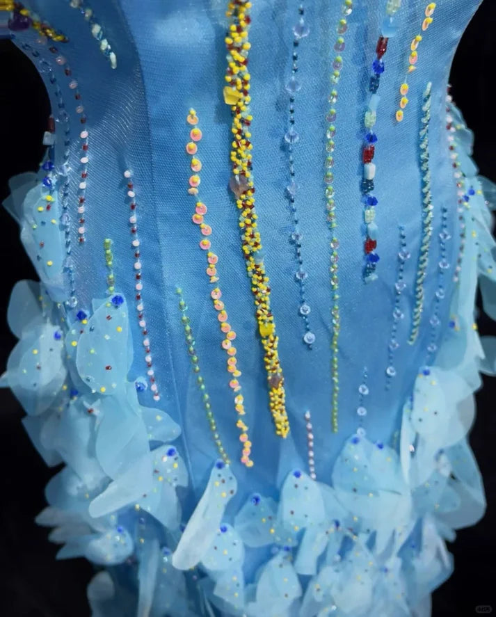 Gorgeous Mermaid Spaghetti Straps Beaded Tulle Blue Long Party Dress