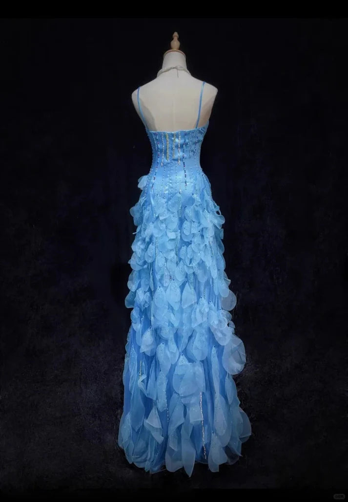 Gorgeous Mermaid Spaghetti Straps Beaded Tulle Blue Long Party Dress