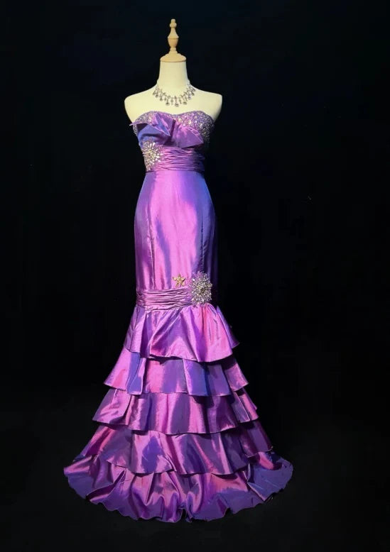 Gorgeous Mermaid Strapless Beaded Satin Purple Evening Dress Prom Dresses