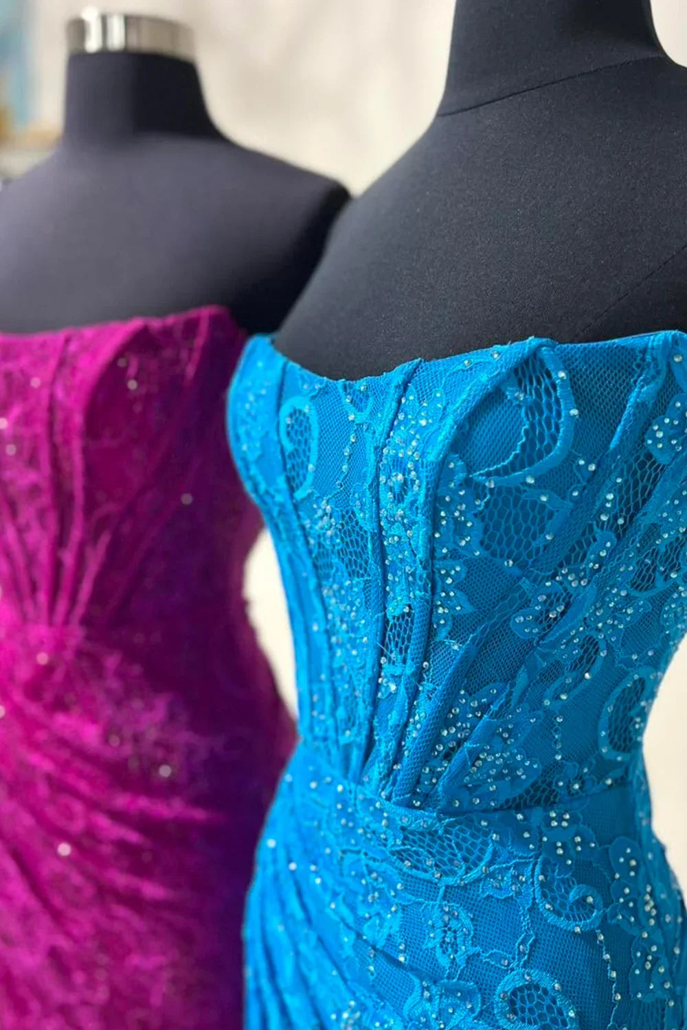 Gorgeous Mermaid Strapless Rhinestone Lace Royal Blue Prom Dress With Slit