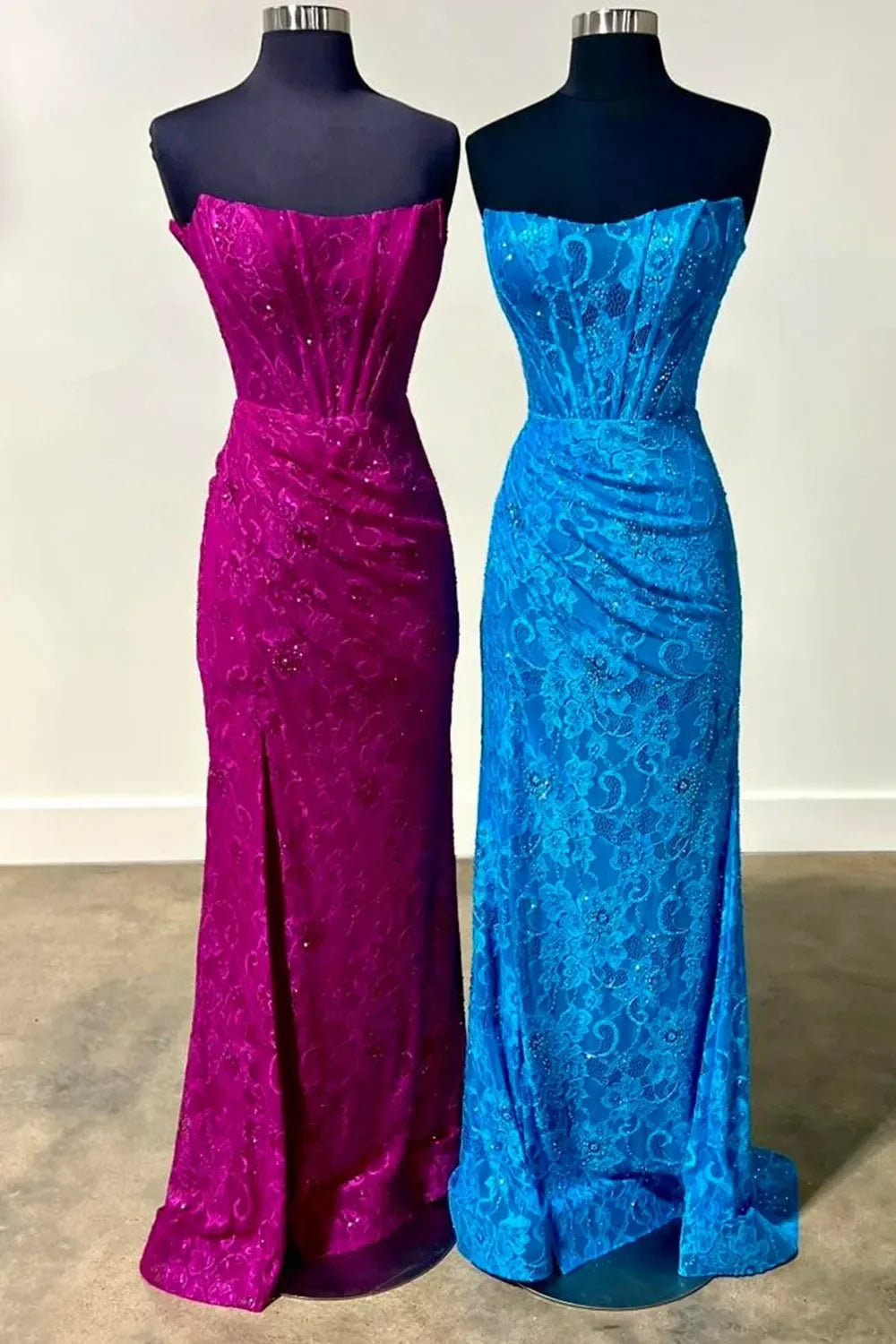 Gorgeous Mermaid Strapless Rhinestone Lace Royal Blue Prom Dress With Slit