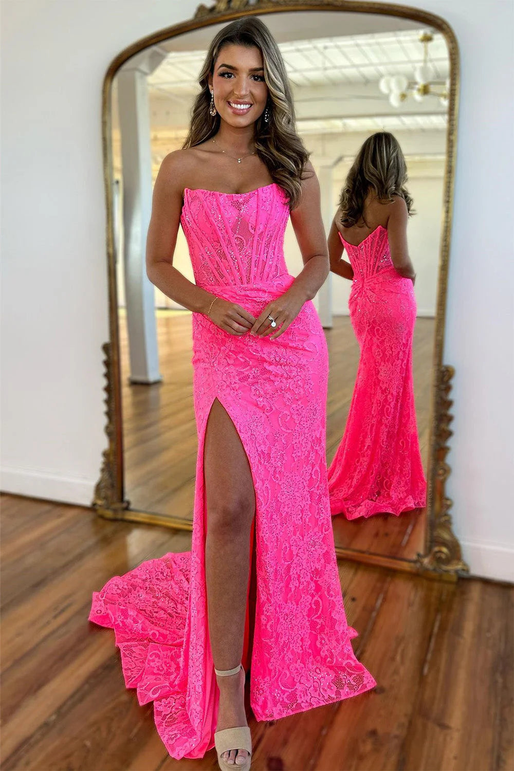Gorgeous Mermaid Strapless Rhinestone Lace Royal Blue Prom Dress With Slit