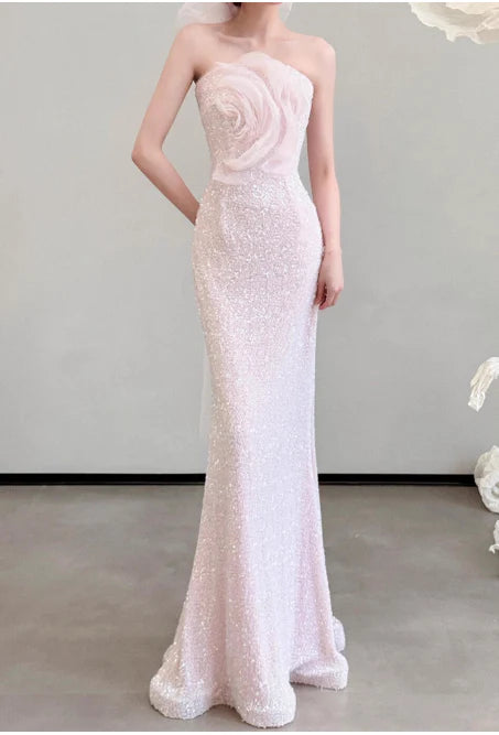Gorgeous Mermaid Strapless Sequins Pink Long Prom Dresses Evening Dresses