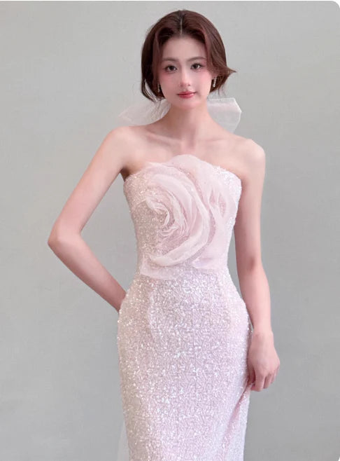 Gorgeous Mermaid Strapless Sequins Pink Long Prom Dresses Evening Dresses
