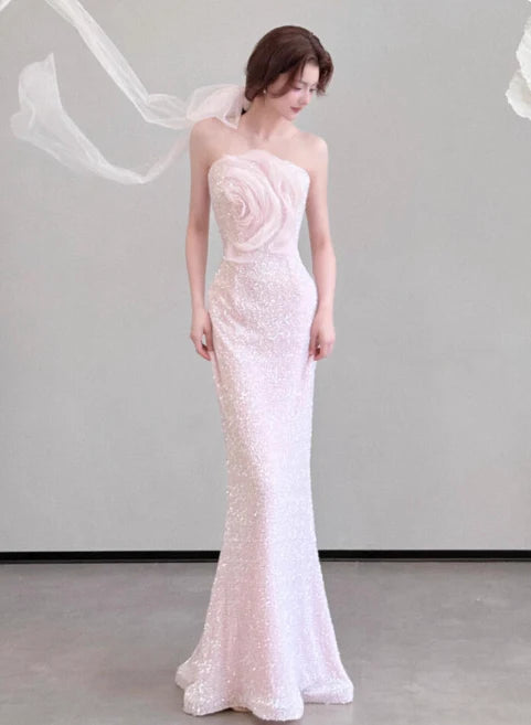 Gorgeous Mermaid Strapless Sequins Pink Long Prom Dresses Evening Dresses