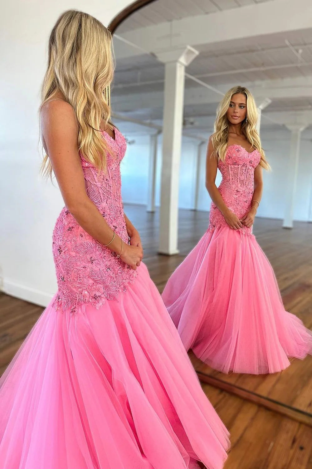 Gorgeous Mermaid Sweetheart Beading Appliques Tulle Pink Prom Dress