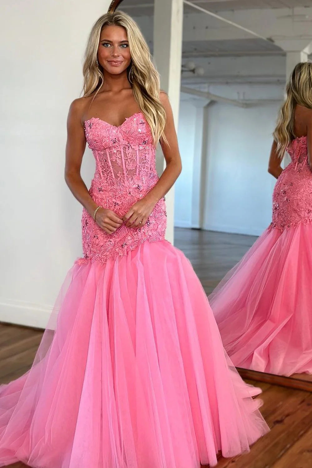 Gorgeous Mermaid Sweetheart Beading Appliques Tulle Pink Prom Dress