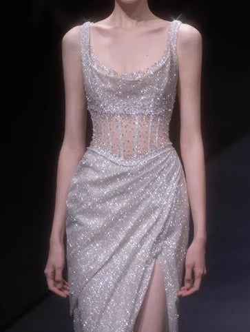 Gorgeous Sheath Beaded Corset Slit Sequin Tulle Light Champagne Evening Dress