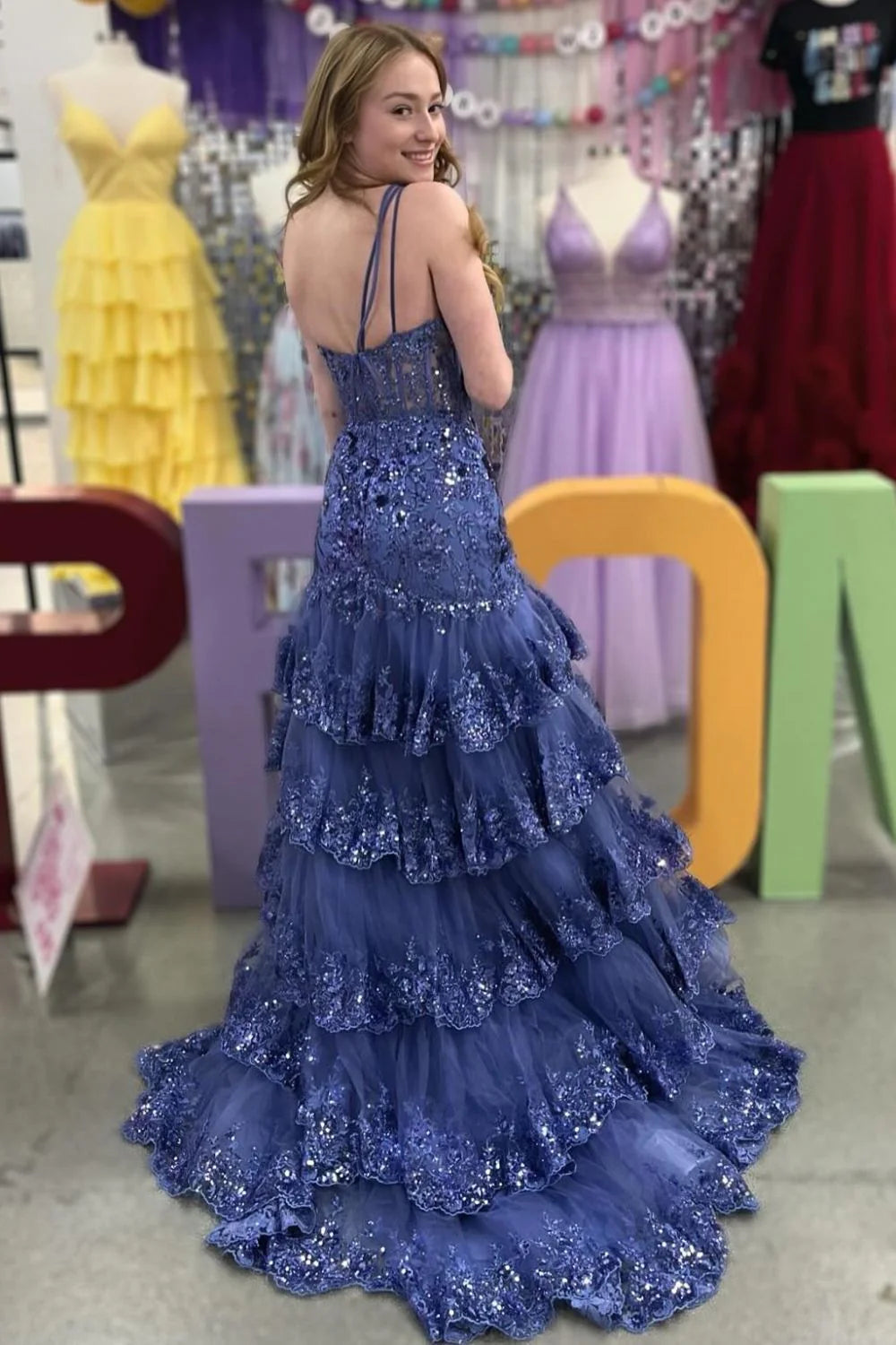 Gorgeous Sheath One Shoulder Tired Ruffles Corset Sequins Navy Prom Dress