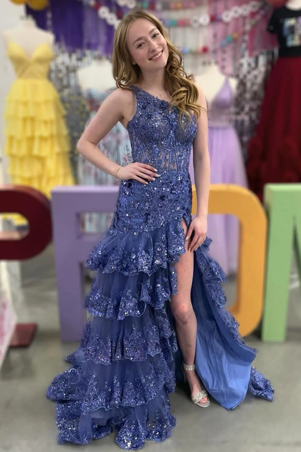 Gorgeous Sheath One Shoulder Tired Ruffles Corset Sequins Navy Prom Dress