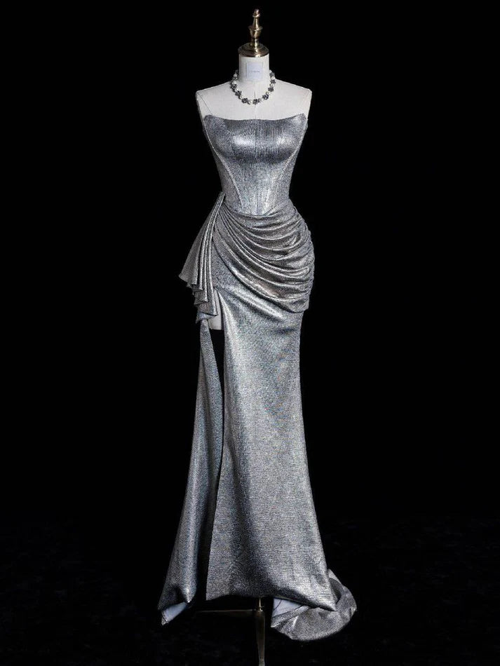 Gorgeous Sheath Strapless Pleated Silver Long Party Dress Prom Dress