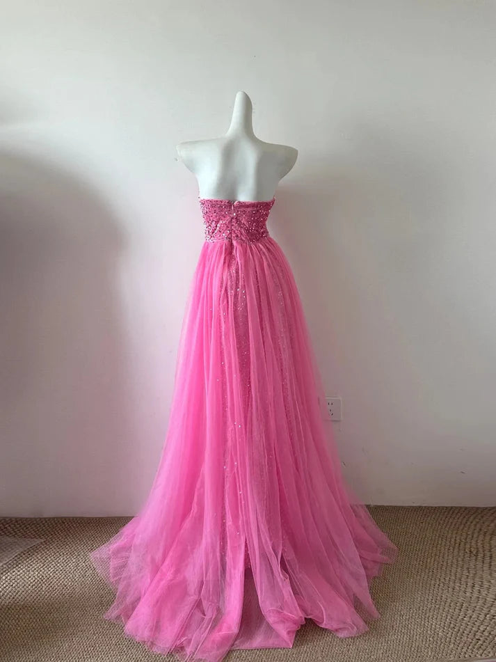 Gorgeous Sheath Sweetheart Sequined Tulle Pink Long Party Dress