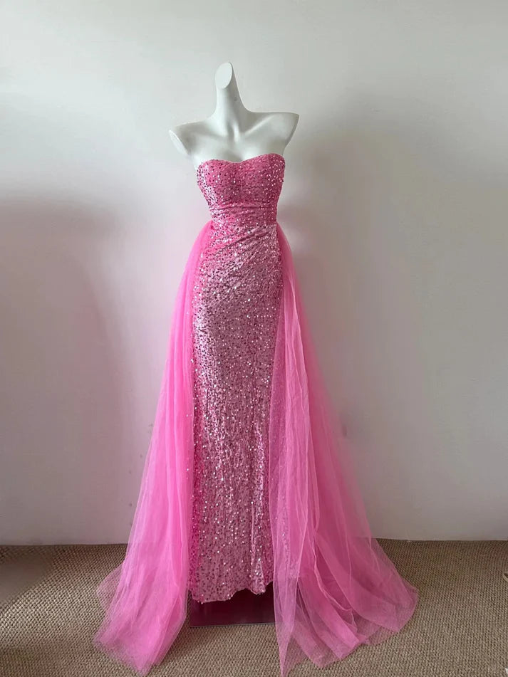 Gorgeous Sheath Sweetheart Sequined Tulle Pink Long Party Dress