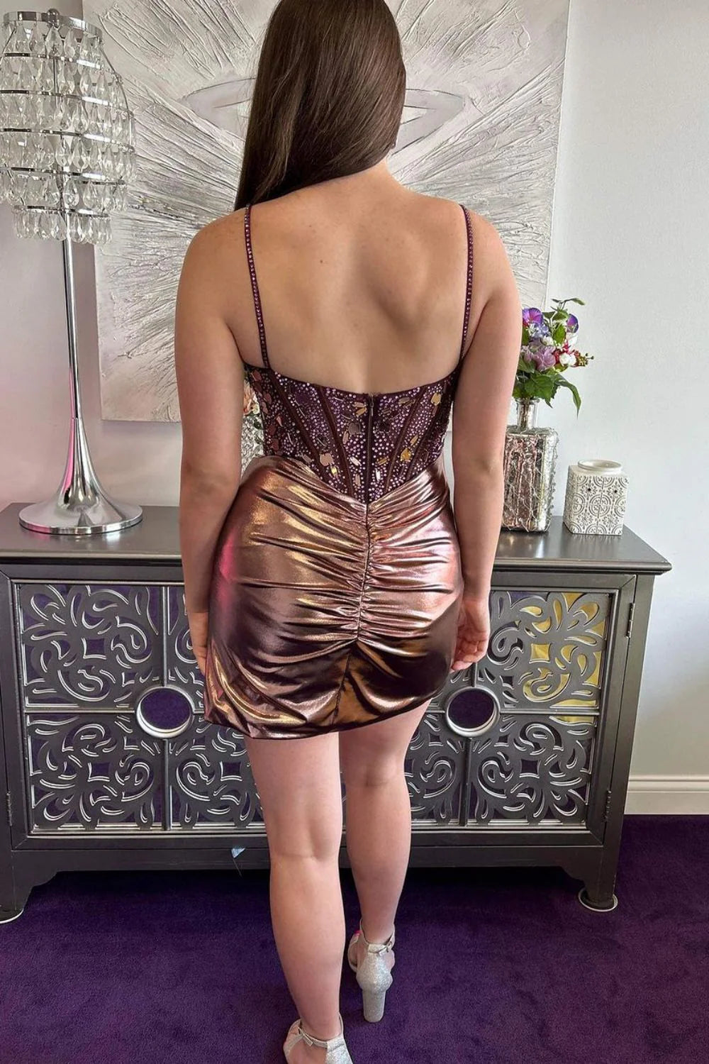 Gorgeous Spaghetti Straps Corset Pleated Gold Short Homecoming Dress With Slit