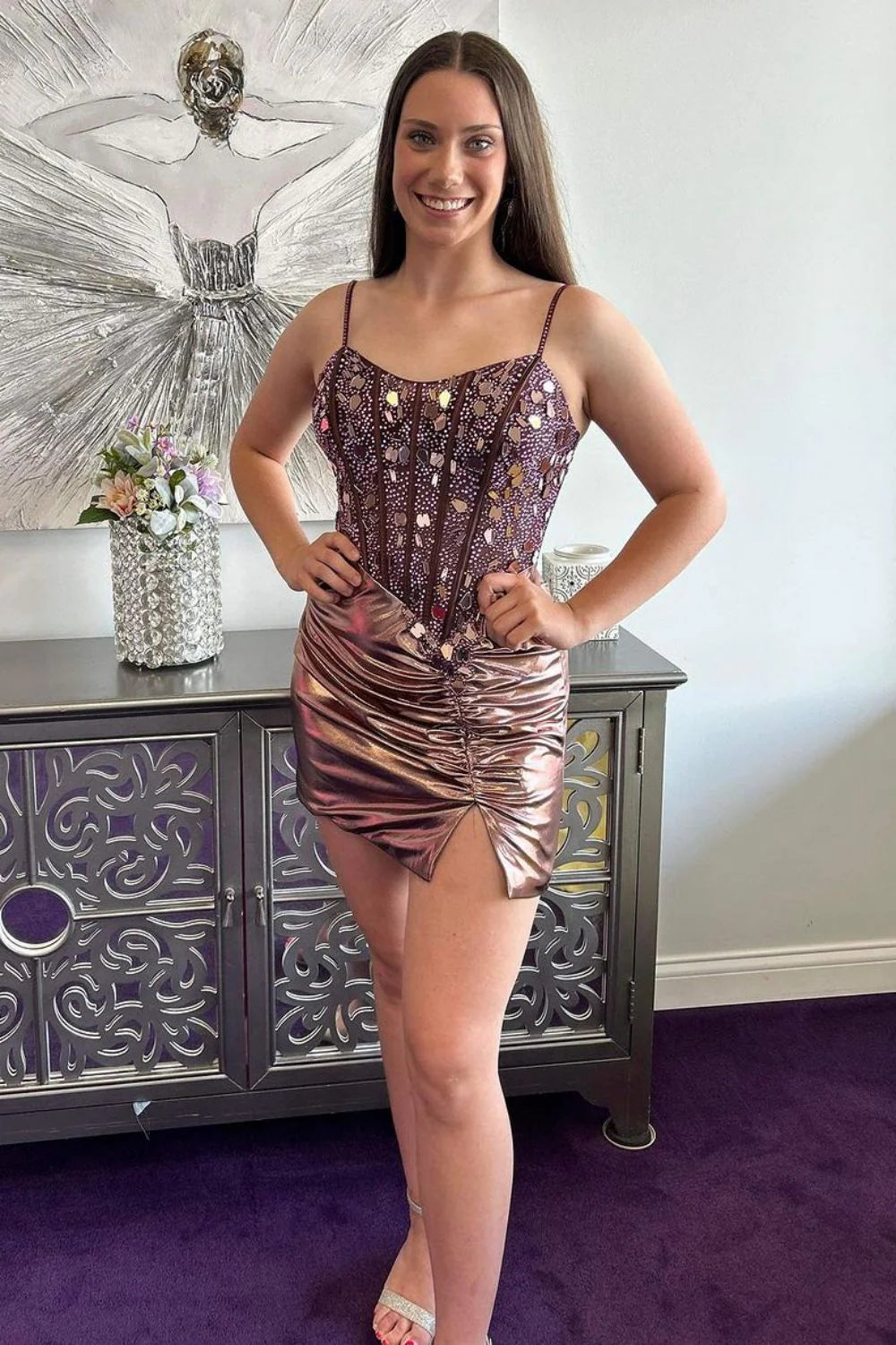 Gorgeous Spaghetti Straps Corset Pleated Gold Short Homecoming Dress With Slit