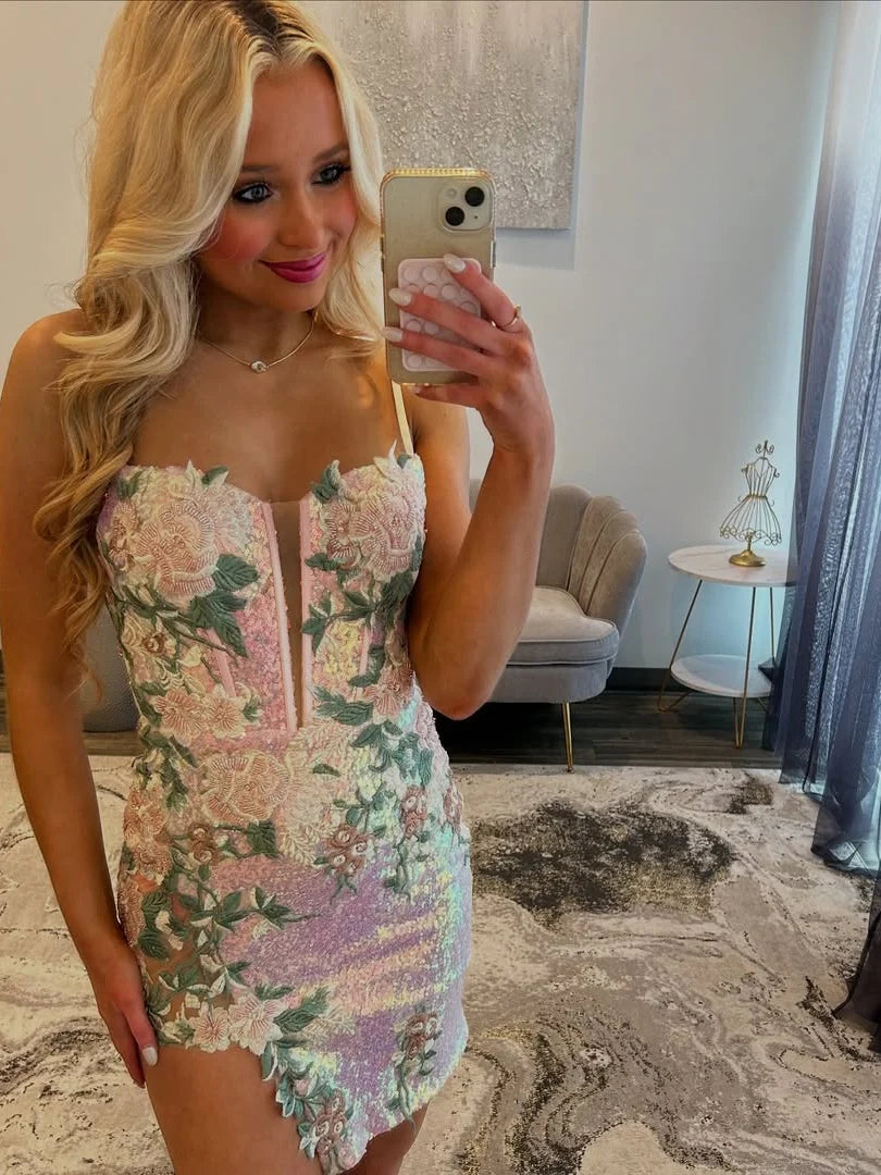 Gorgeous Spaghetti Straps Embroidery Sequins Pink Short Homecoming Dress