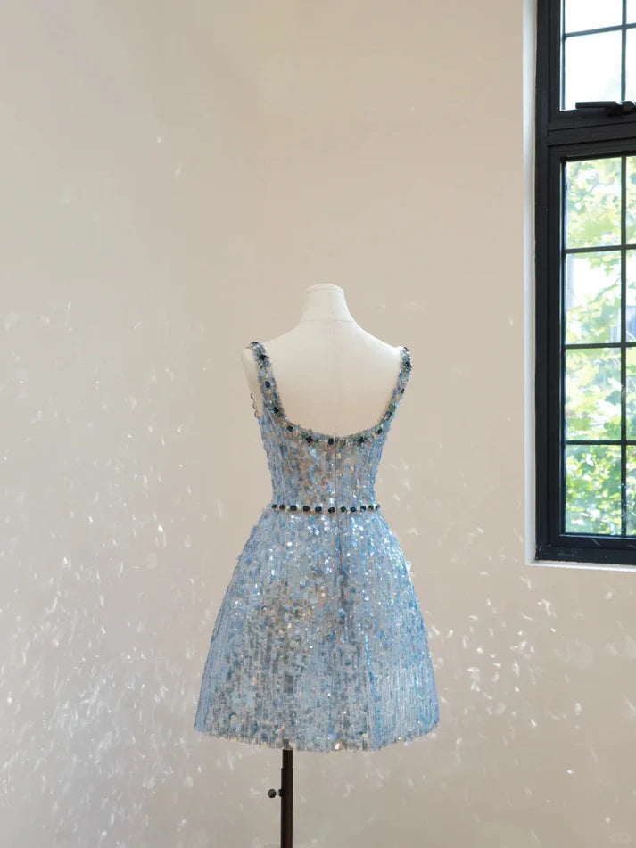 Gorgeous Square Neck Rhinestones Sequins Light Blue Short Cocktail Party Dress