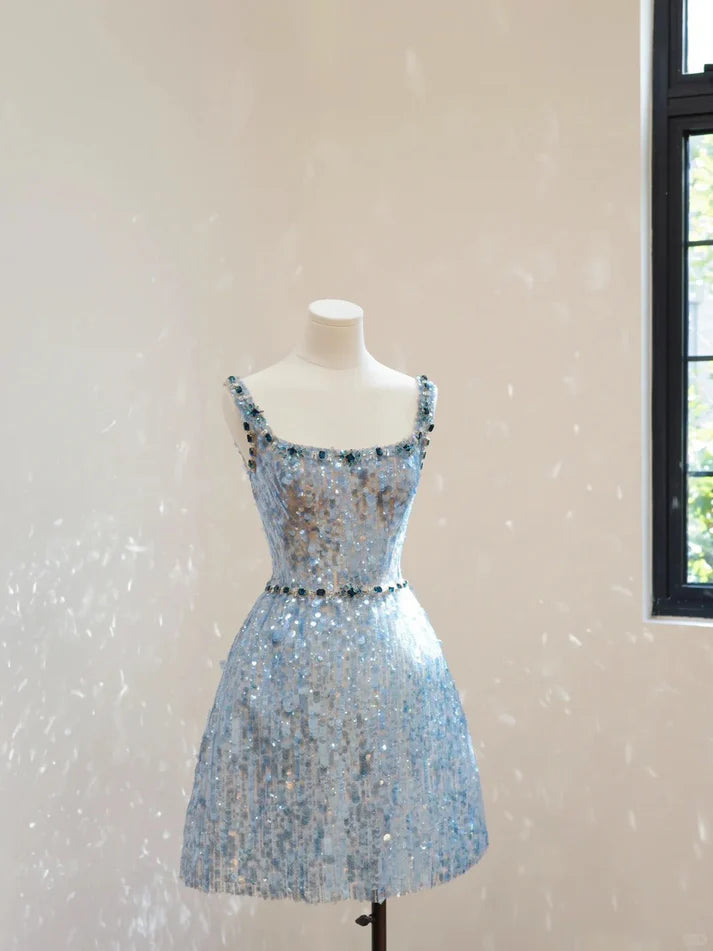 Gorgeous Square Neck Rhinestones Sequins Light Blue Short Cocktail Party Dress