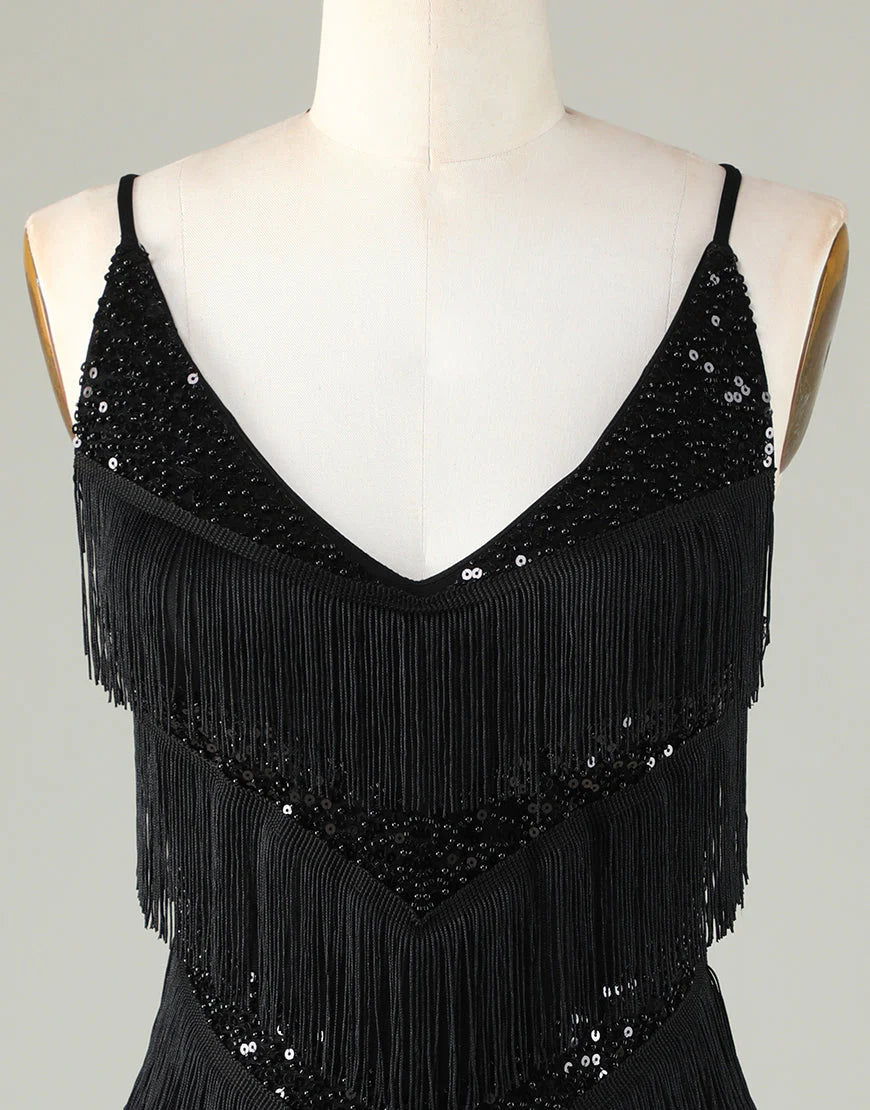Gorgeous V-Neck Beaded Tight Black Homecoming Dress With Tassel