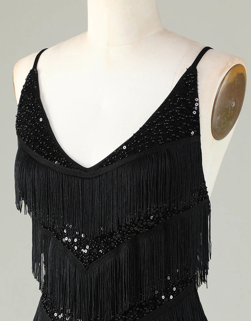 Gorgeous V-Neck Beaded Tight Black Homecoming Dress With Tassel