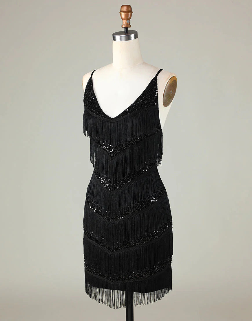Gorgeous V-Neck Beaded Tight Black Homecoming Dress With Tassel