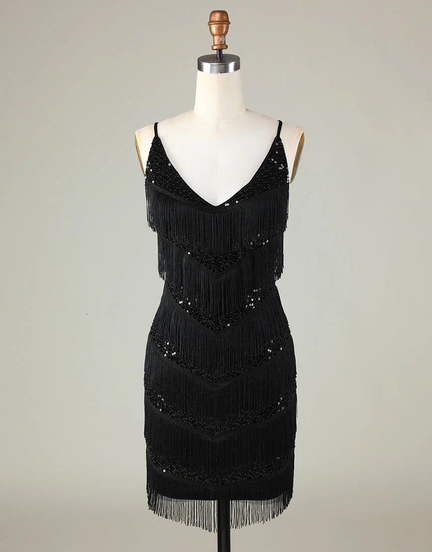 Gorgeous V-Neck Beaded Tight Black Homecoming Dress With Tassel