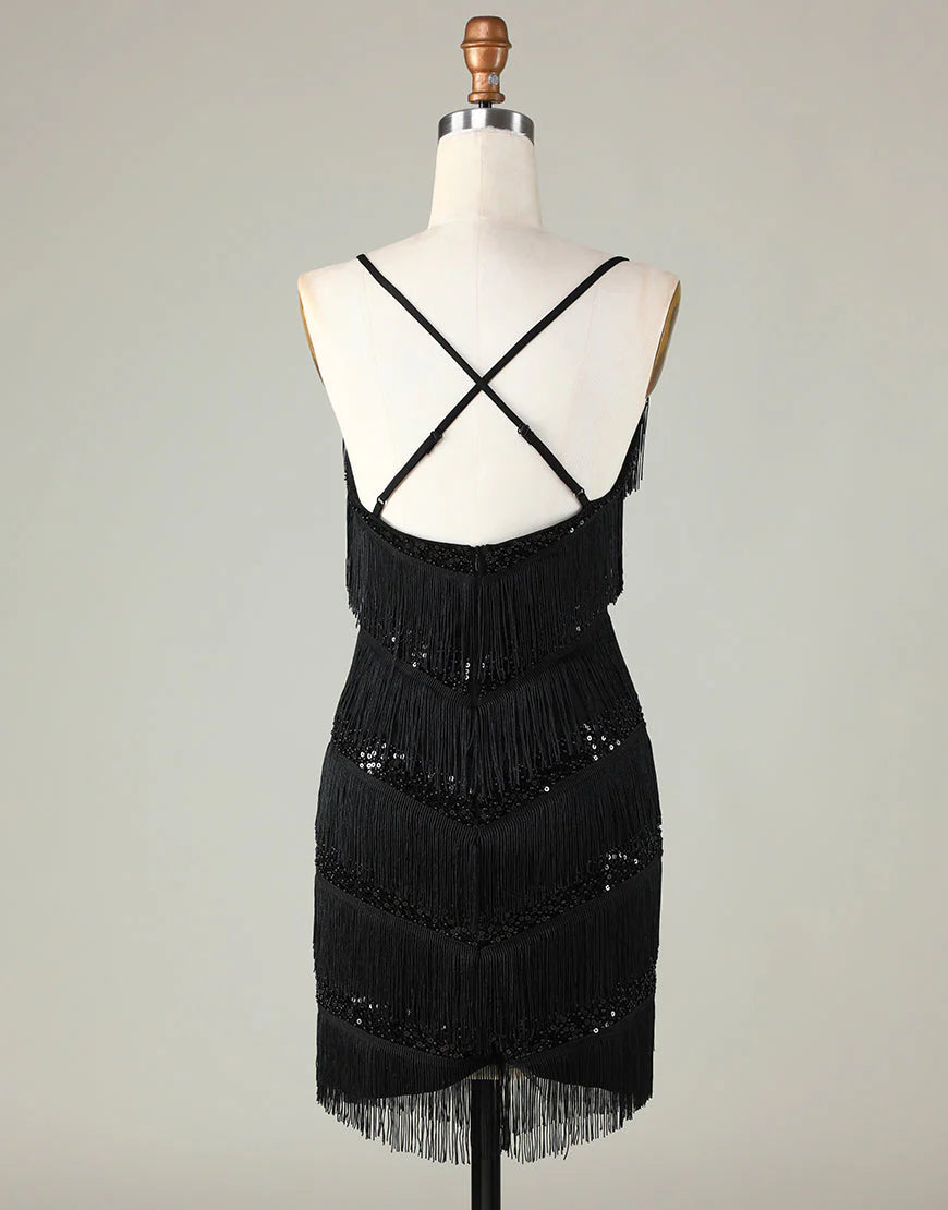 Gorgeous V-Neck Beaded Tight Black Homecoming Dress With Tassel