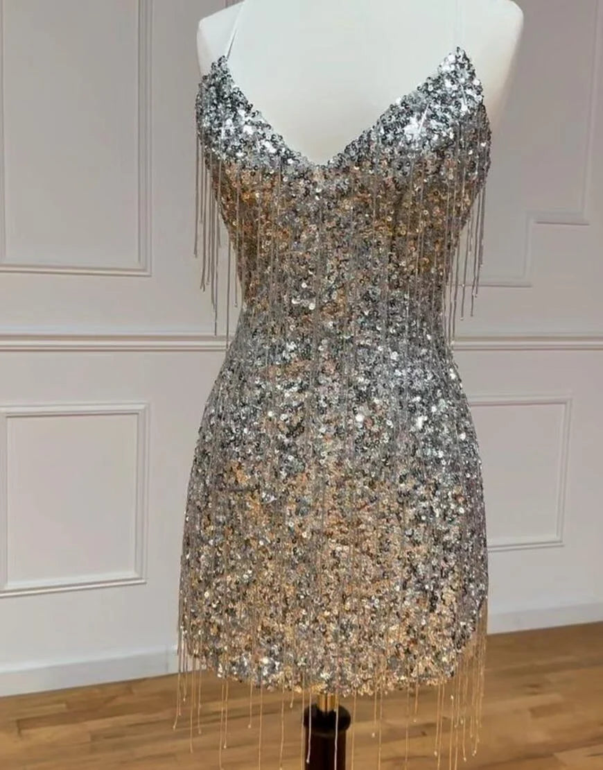 Gorgeous V-Neck Glitter Sequin Silver Homecoming Dress With Fringe