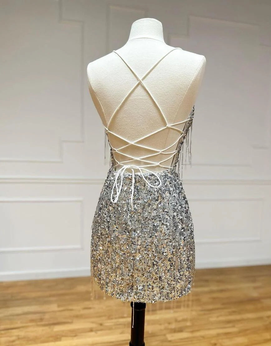 Gorgeous V-Neck Glitter Sequin Silver Homecoming Dress With Fringe
