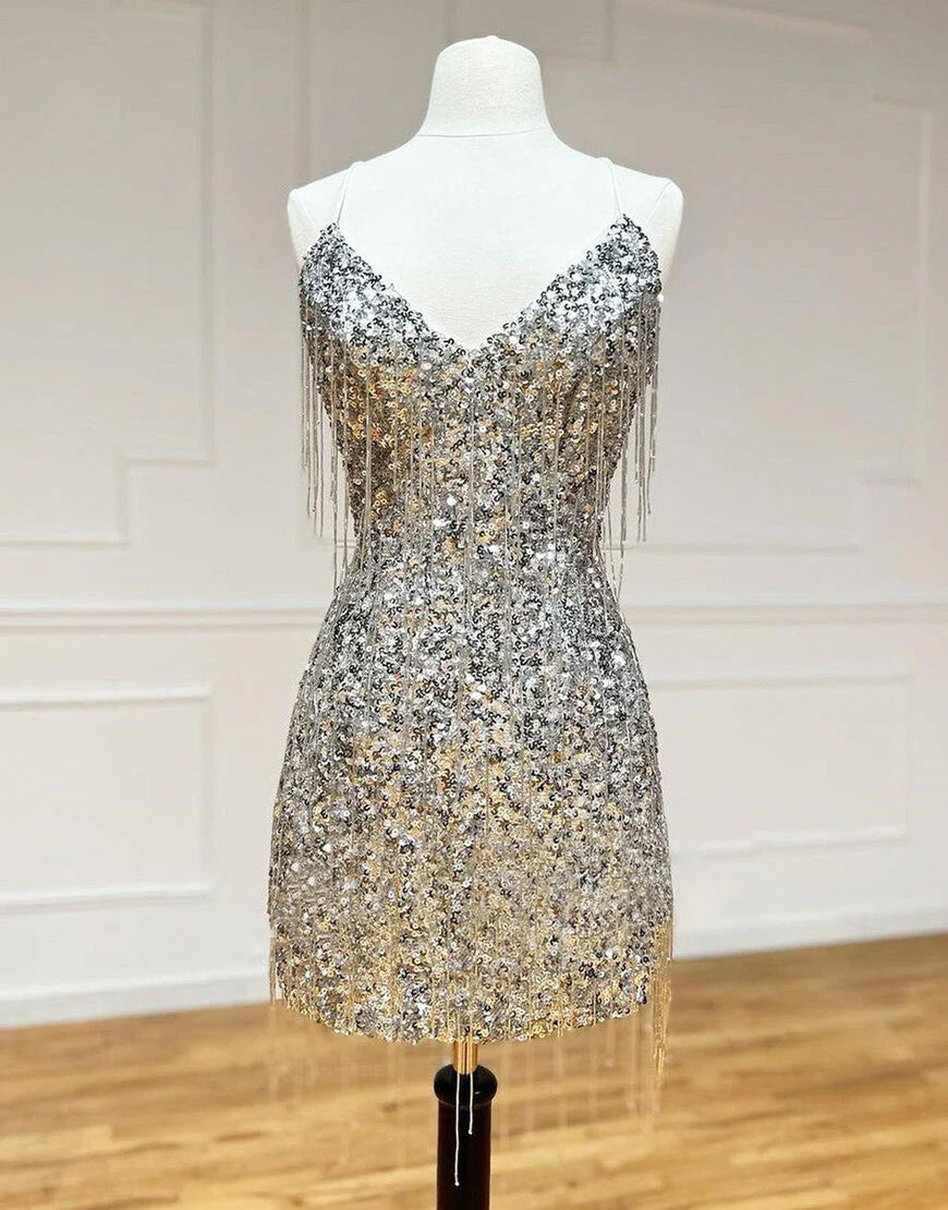 Gorgeous V-Neck Glitter Sequin Silver Homecoming Dress With Fringe