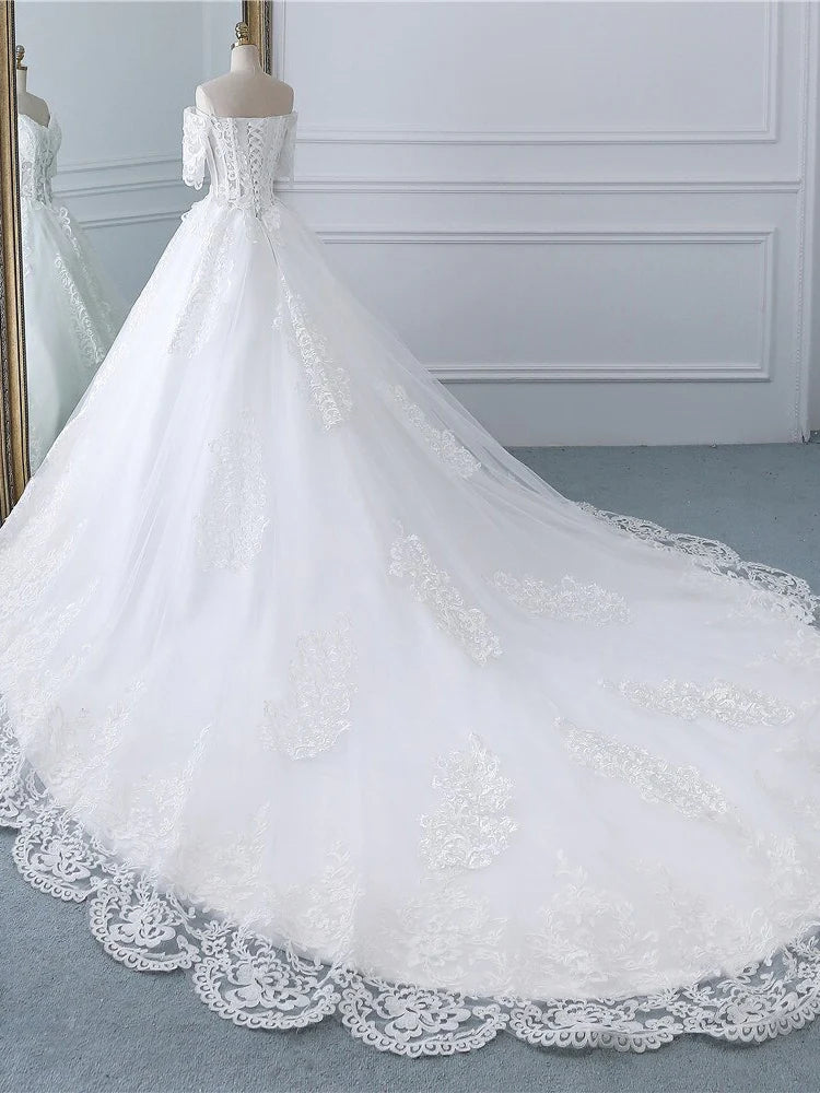 Gorgeous V Neck Short Sleeves Floral Lace White Long Prom Dress Wedding Dress