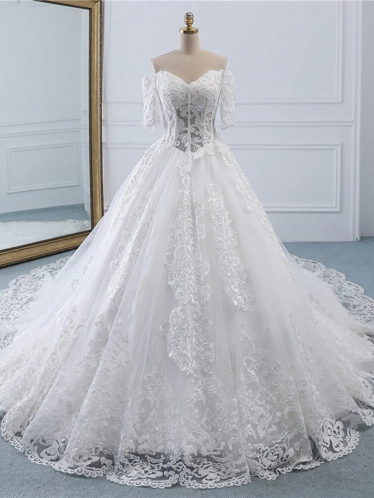 Gorgeous V Neck Short Sleeves Floral Lace White Long Prom Dress Wedding Dress