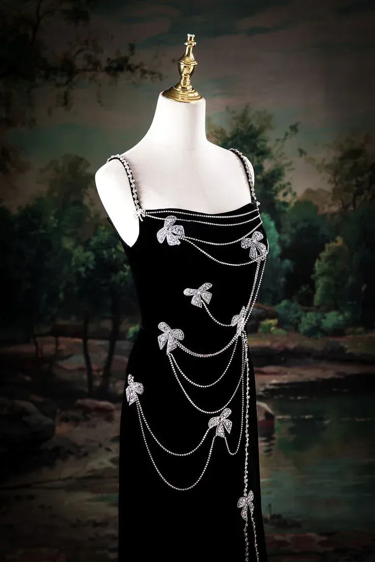 Gothic Column Strapless Chain-Embellished Black Maxi Prom Dress for Women ready to ship